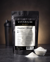 Vitarium Select Creatine + Ribose 300 gram - stazak met glazen schaaltje wit poeder