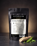Vitarium Select Erwten Eiwitpoeder Naturel 350 gram - stazak met houten schep eiwitpoeder en verse peulen
