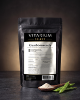 Vitarium Select Guarboonvezels Sunfiber AG PHGG 185 gram - stazak met houten lepel vezelpoeder en guarpeulen