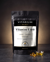 Vitarium Select Vitamine E 400 30 softgels - stazak met amberkleurige softgels en druppel olie