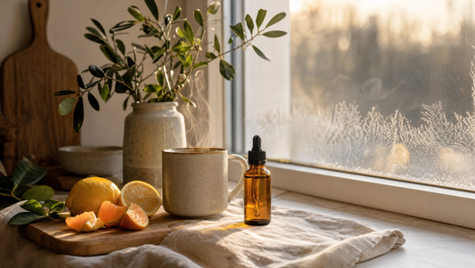 Editorial winterstilleven met warm goudkleurig raamlicht, mok op linnen, amber dropper bottle en citrus — vitamine D supplementatie in de winter