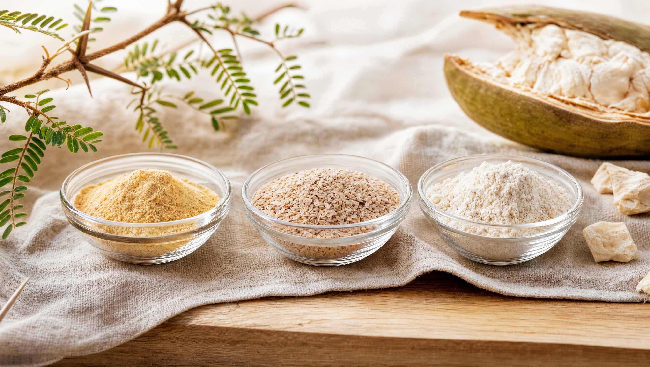 Drie schaaltjes met acaciavezel-, psyllium- en baobab-poeder op linnen en eikenhout — vergelijking van vezeltypen voor de microbiota