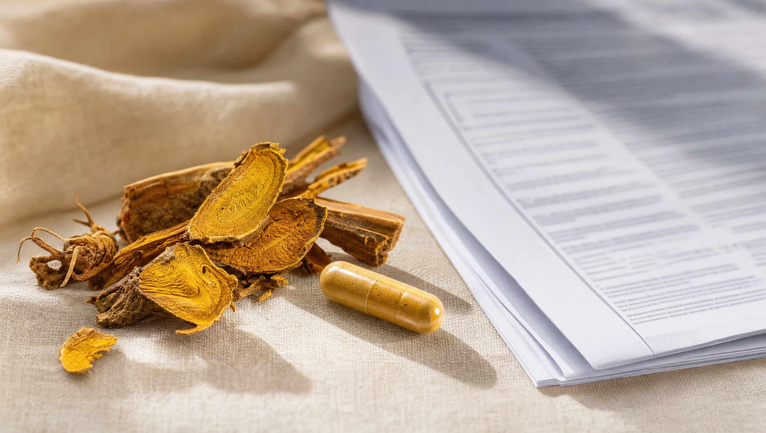 Gele berberis-wortel met capsule berberine-poeder en regulatory document op cremekleurig linnen — het berberine-EFSA-paradox