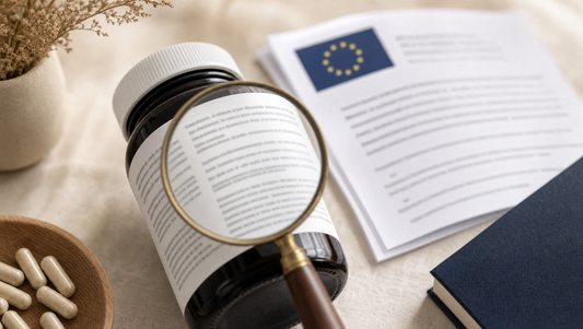 Vergrootglas boven onleesbaar supplement-etiket met EU-document op linnen — EFSA-claims op een supplement-etiket