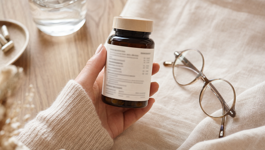 Hand met supplement-pot en leesbril op linnen — leesgids voor supplement-etiketten per dagdosering