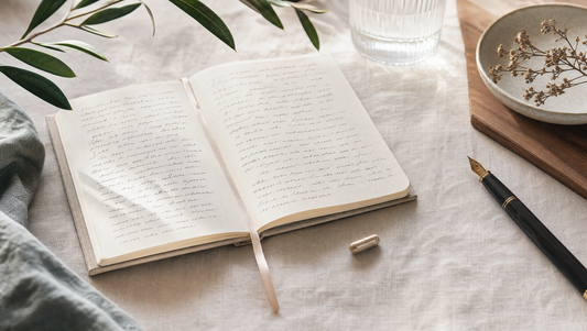 Notitieboek met losse capsule en pen op linnen ochtendlicht — goede voornemens en supplement-keuzes