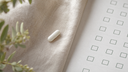 Een capsule naast leeg multiple-choice grid op linnen — waarom geen vitaminetest