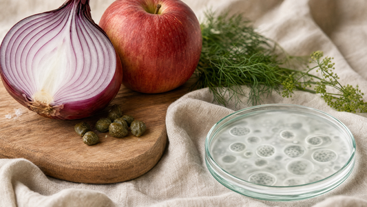 Quercetine-rijke voeding (rode ui, appel, kappertjes) naast laboratoriumglas op linnen — quercetine en mestcellen onderzoek