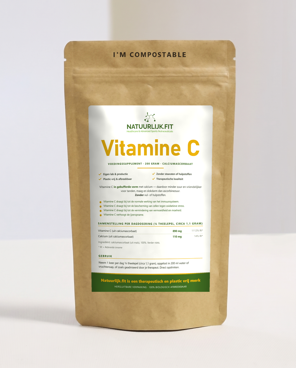 Vitamine C poeder calciumascorbaat in composteerbare kraft stazak