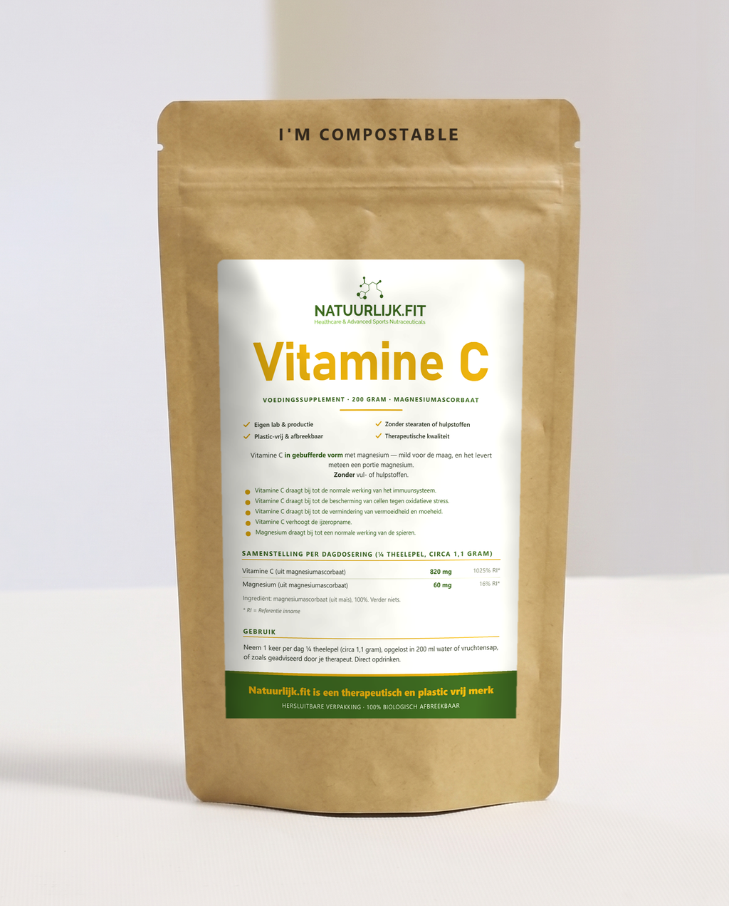 Vitamine C poeder magnesiumascorbaat van natuurlijk.fit in composteerbare kraft stazak