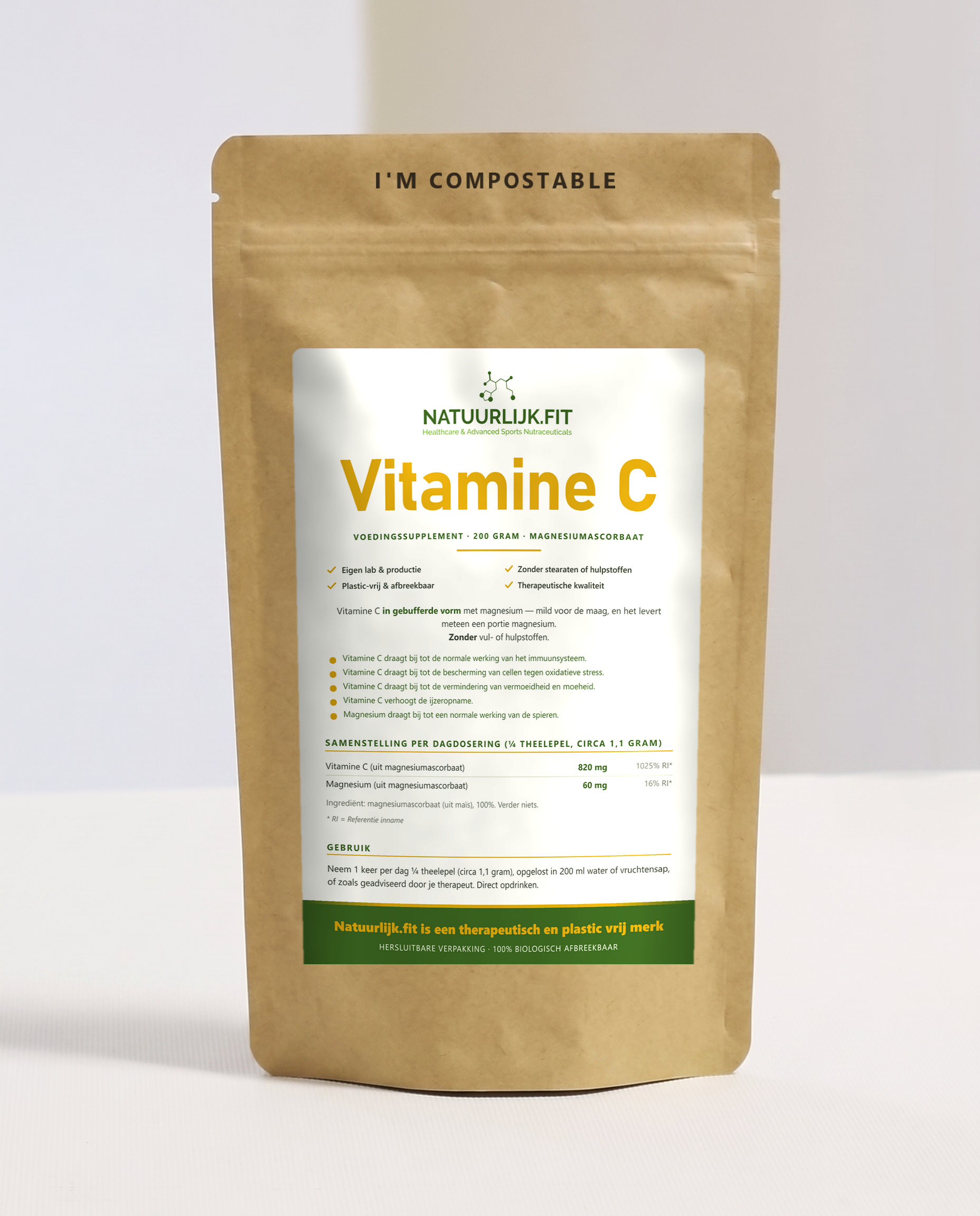 Vitamine C poeder magnesiumascorbaat van natuurlijk.fit in composteerbare kraft stazak