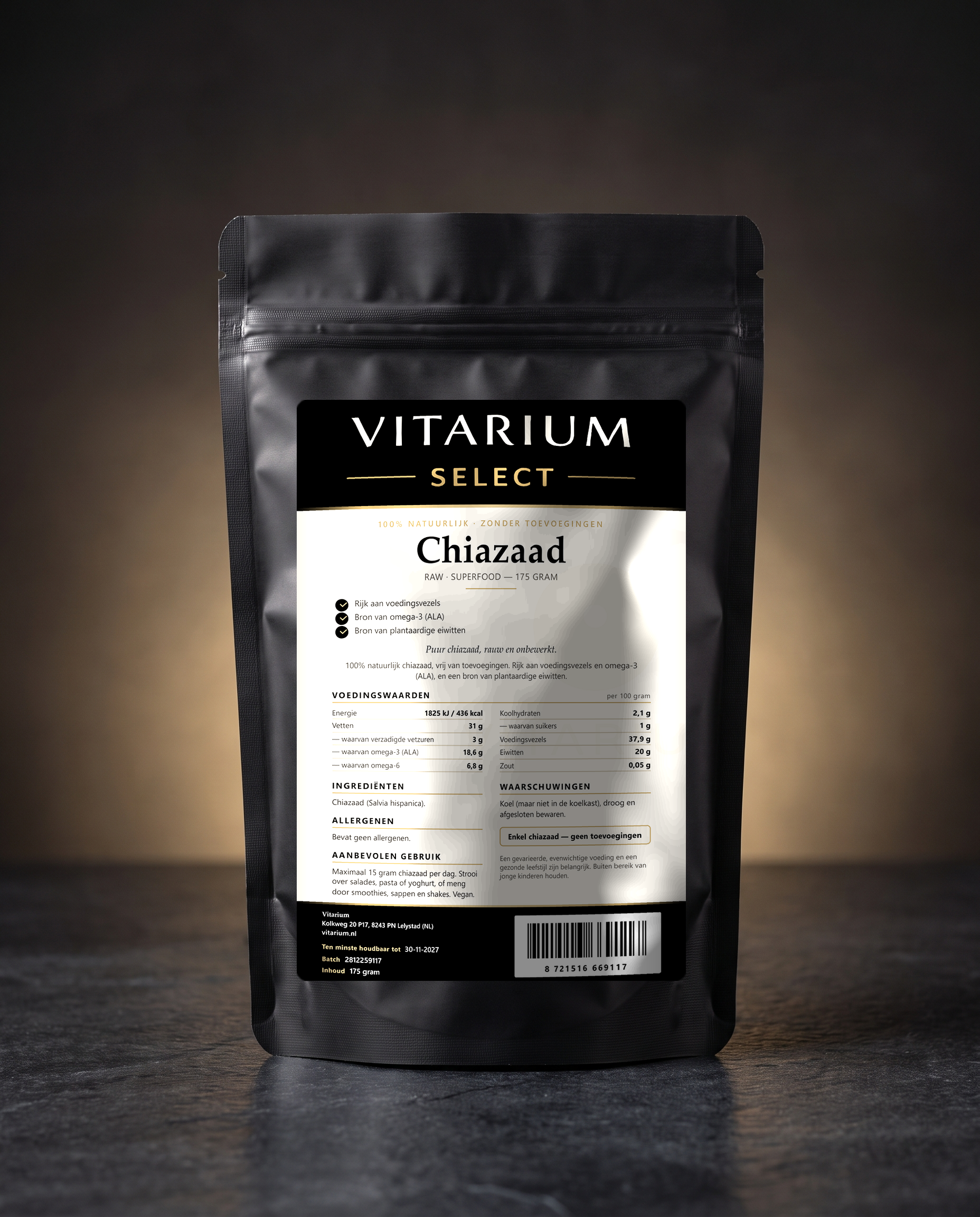 Vitarium Select Chiazaad 175 gram - matzwarte hersluitbare stazak
