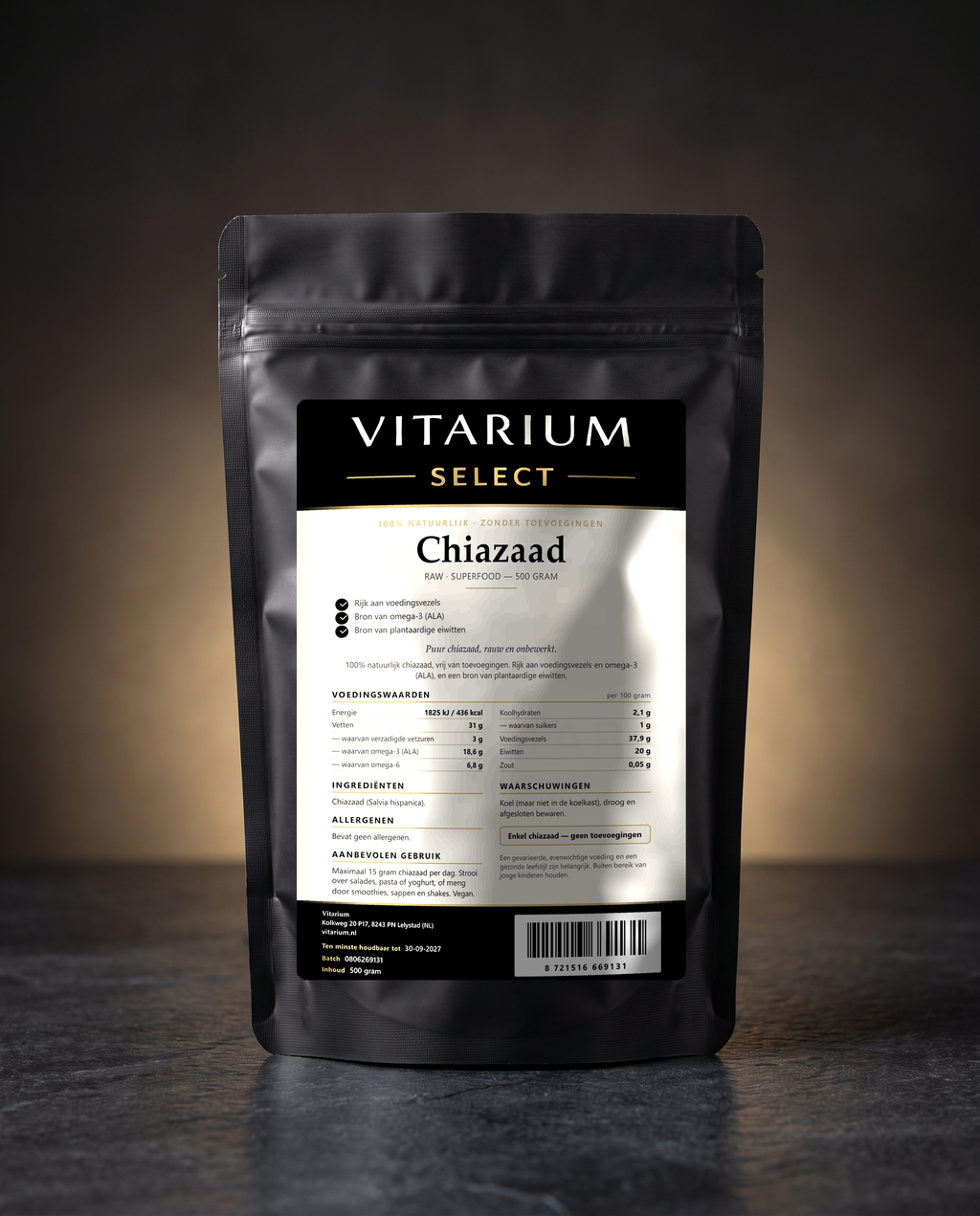 Vitarium Select Chiazaad 500 gram - matzwarte hersluitbare stazak
