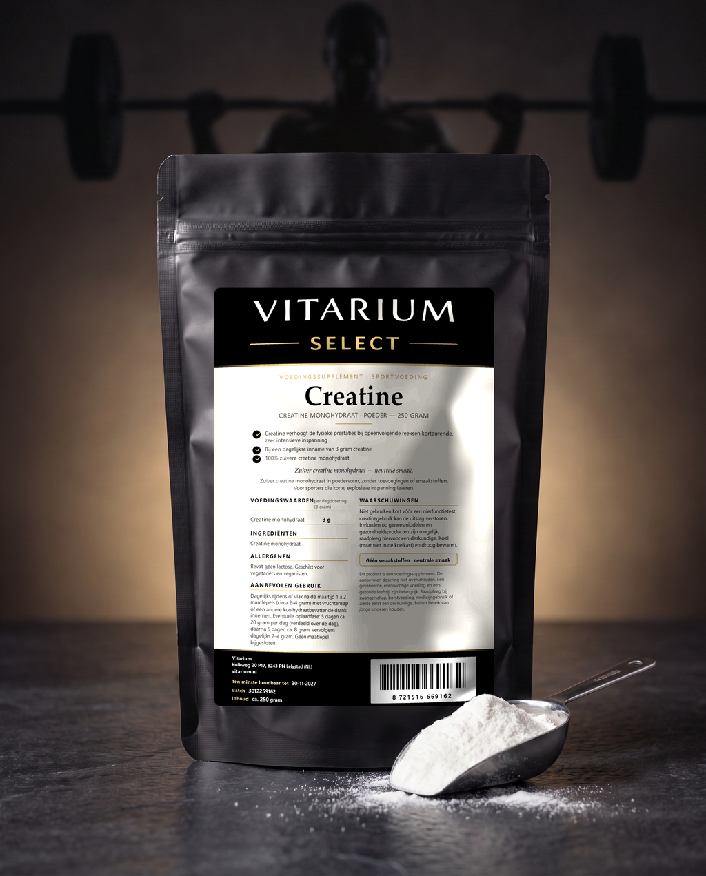 Vitarium Select Creatine Monohydraat 250 gram - stazak met scoop wit creatinepoeder