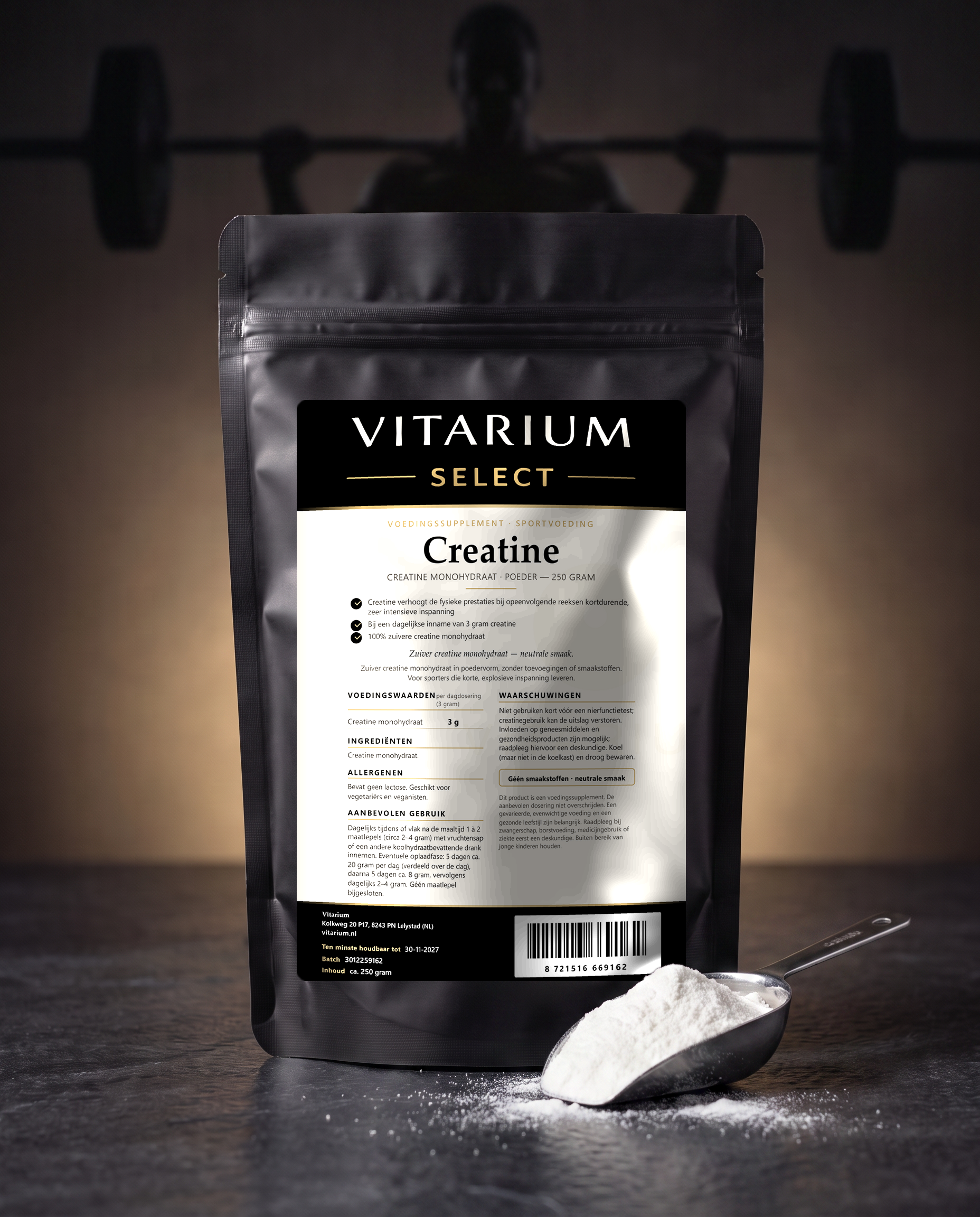 Vitarium Select Creatine Monohydraat 250 gram - stazak met scoop wit creatinepoeder