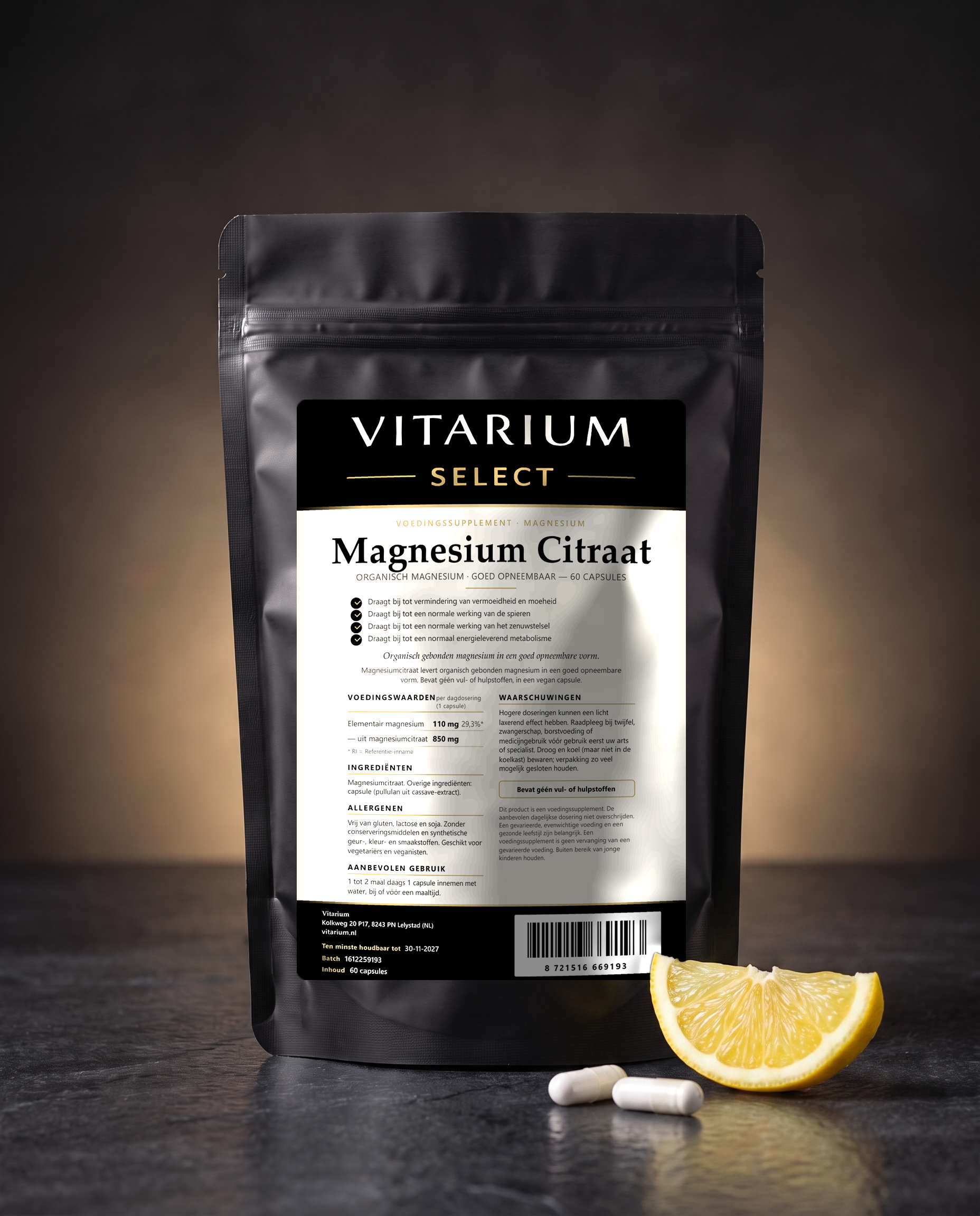 Vitarium Select Magnesium Citraat 60 capsules - stazak met capsules en citroenpartje Hauptbild