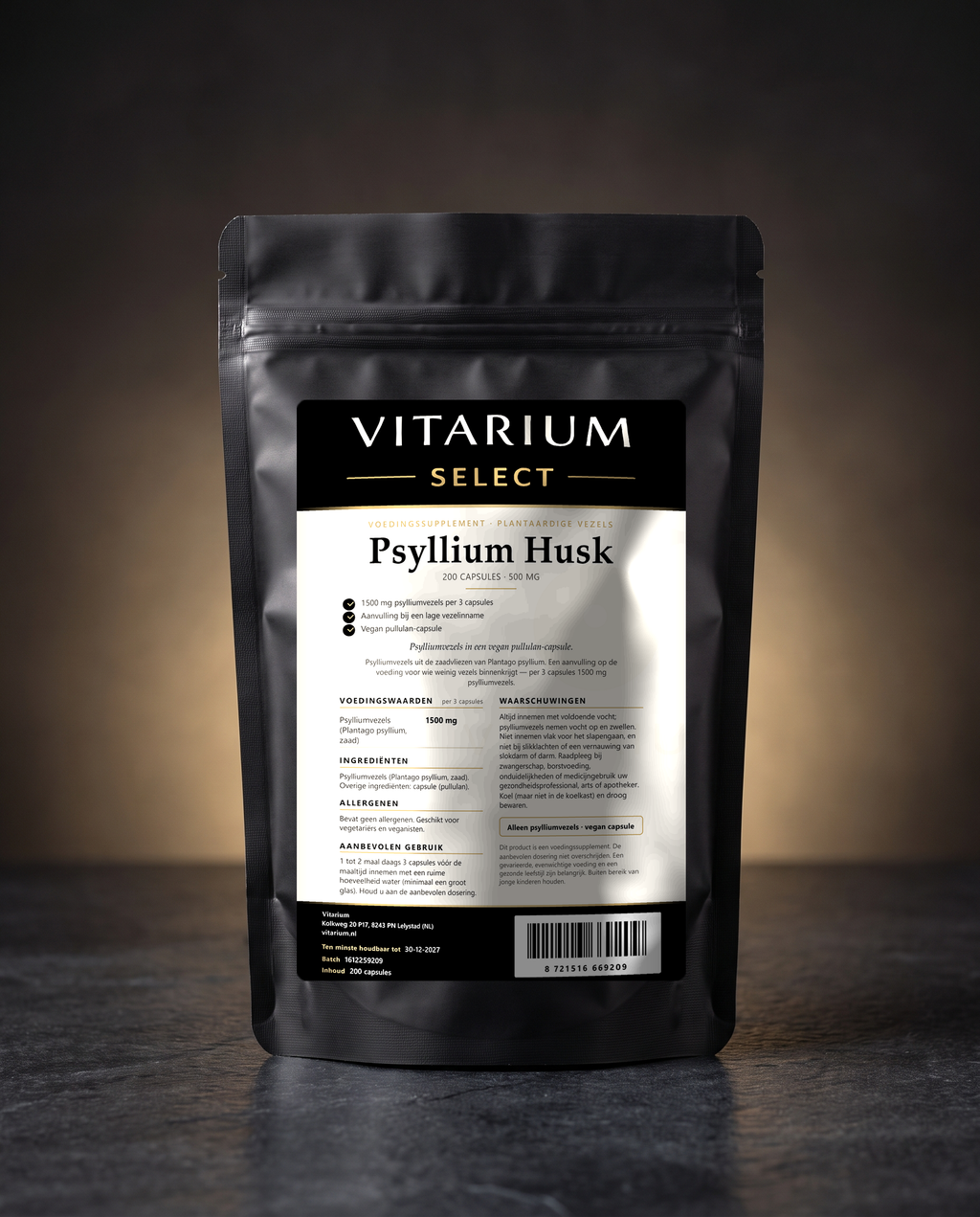 Vitarium Select Psylliumvezels 500 mg 200 capsules - matzwarte stazak