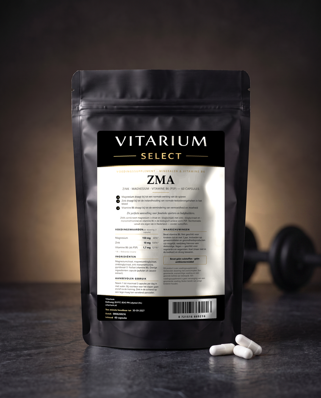 Vitarium Select ZMA 60 capsules - stazak met capsules en subtiele fitness-achtergrond