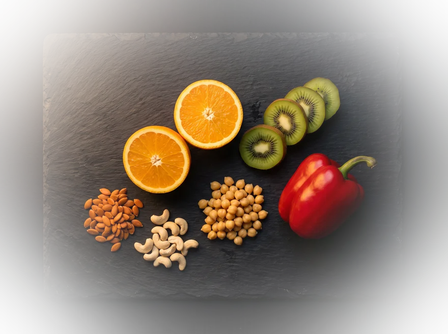 Sinaasappel, kiwi, paprika, pompoenpitten, cashewnoten en kikkererwten op leisteen