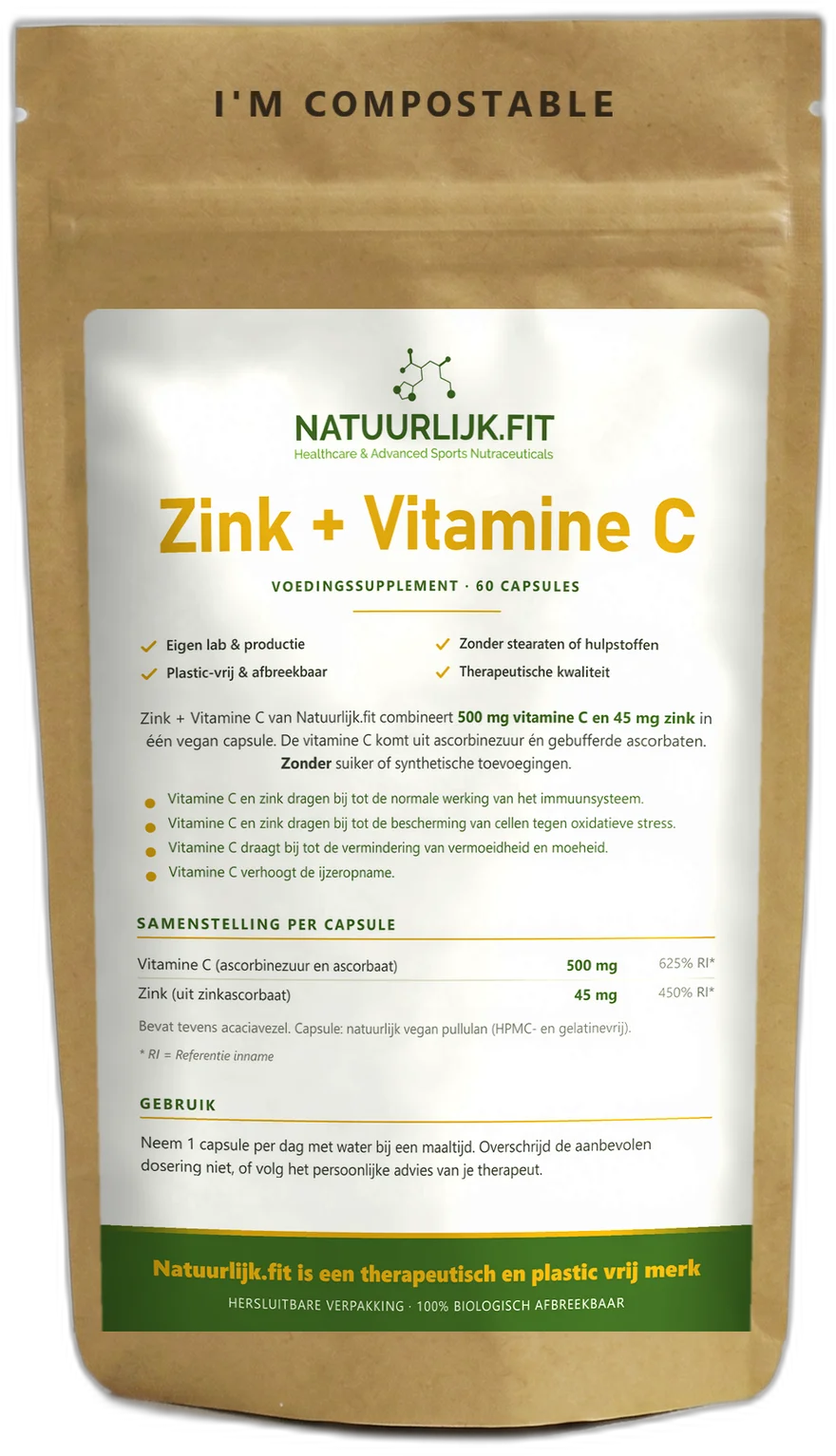 Vitamine C + Zink van Natuurlijk.fit — 60 vegan capsules in een composteerbare kraftzak