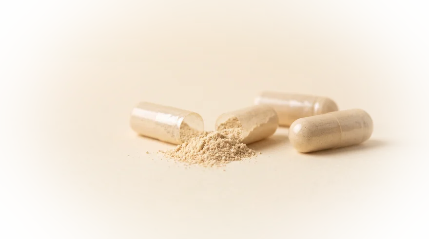 Geopende vegan capsule met fijn, lichtbeige poeder