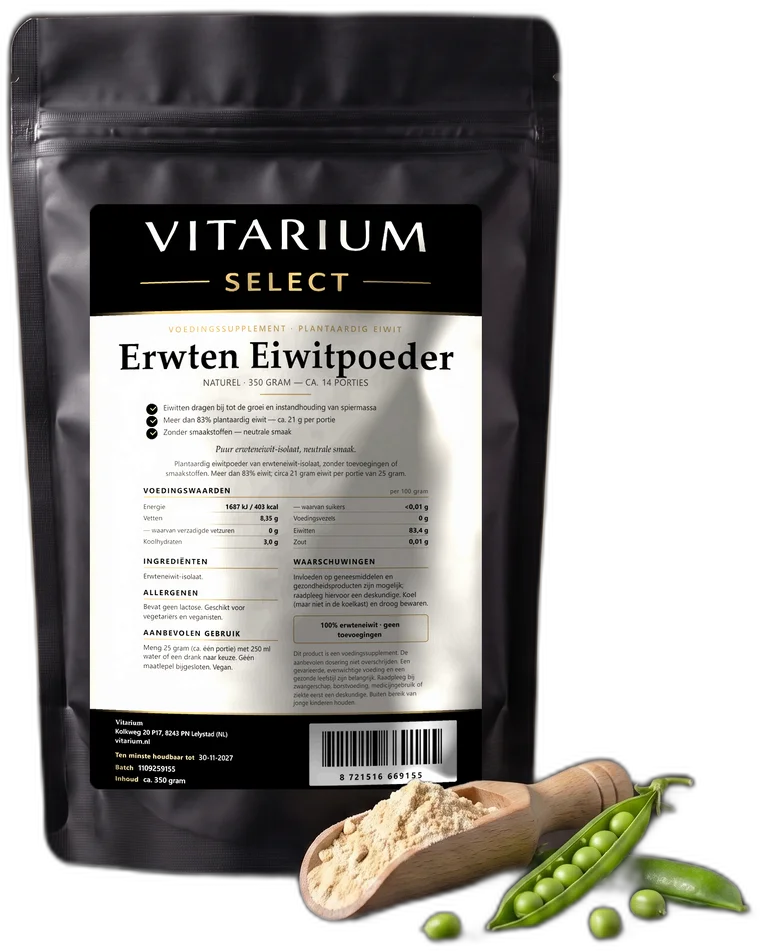 Vitarium Select Erwten Eiwitpoeder met houten schep en verse erwten