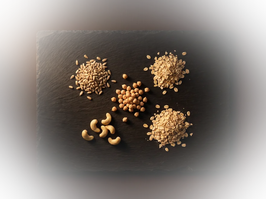 Zonnebloempitten, kikkererwten, havermout en cashewnoten op leisteen