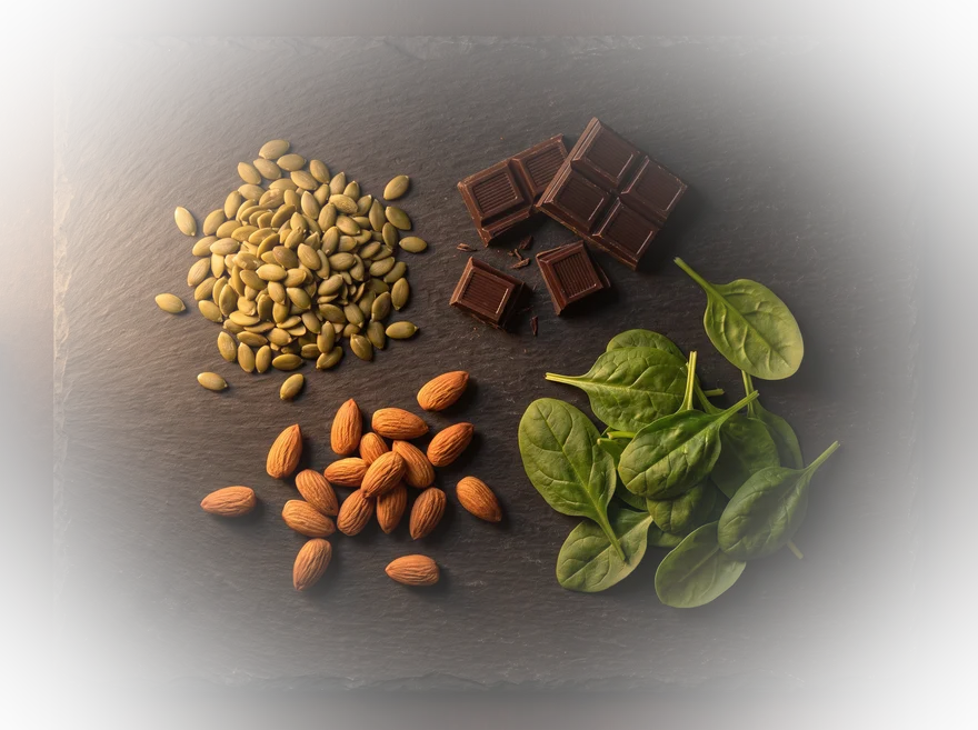 Pompoenpitten, amandelen, pure chocolade en spinazie op donkere leisteen
