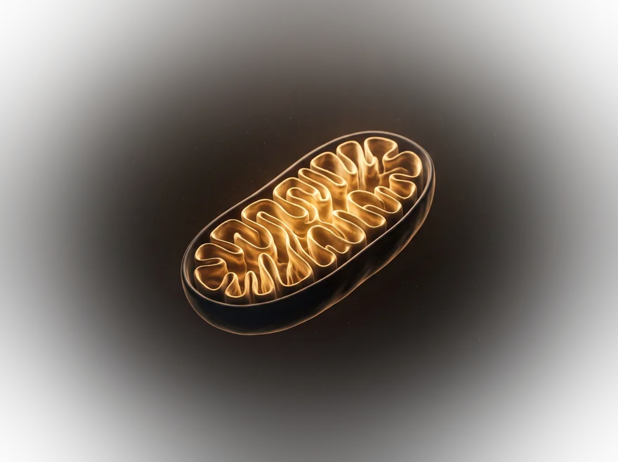 Illustratie van een mitochondrion met gouden membranen