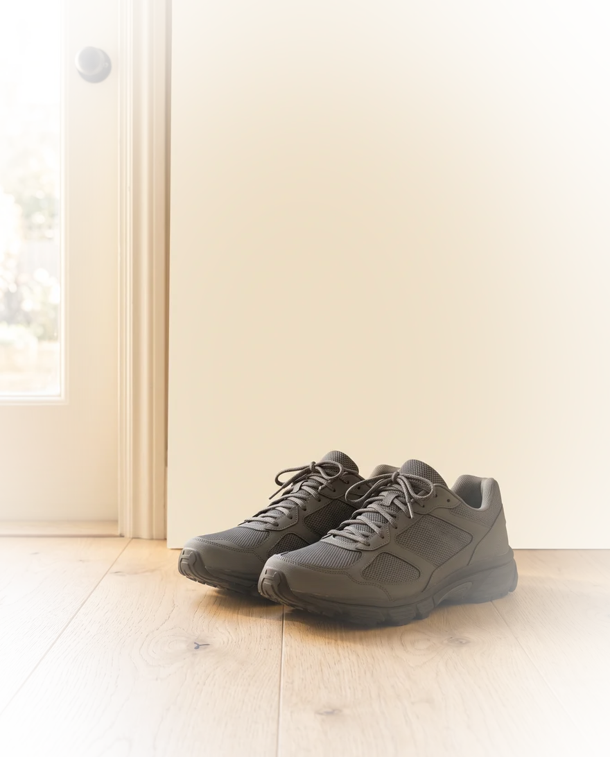 Hardloopschoenen bij de deur in het ochtendlicht