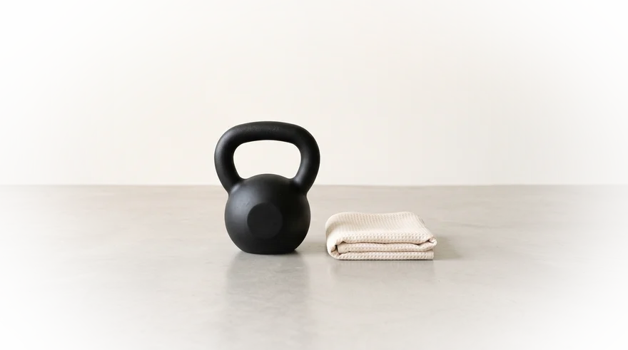 Kettlebell en handdoek op een lichte gymvloer