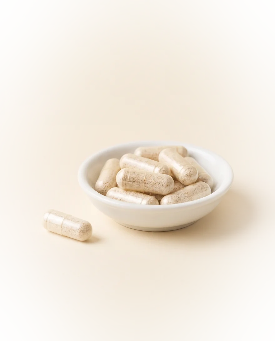 Psylliumvezel-capsules in een wit schaaltje