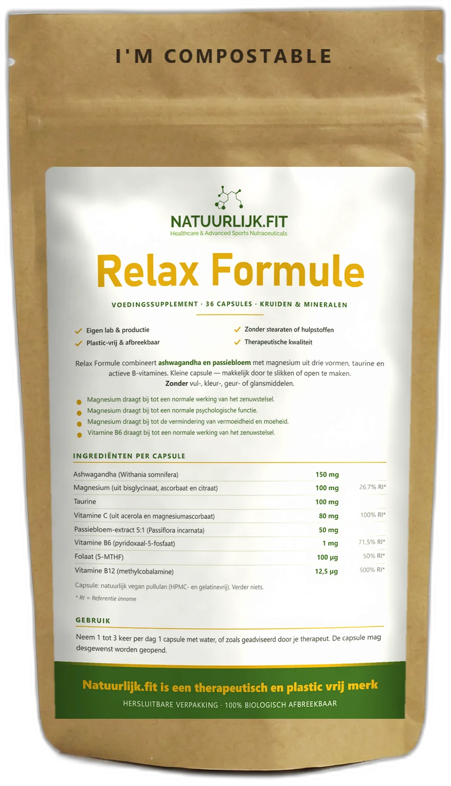 Relax Formule van Natuurlijk.fit — 36 vegan capsules in een composteerbare kraftzak